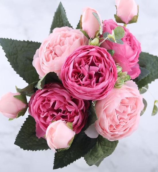 Buquê de flores artificiais de peônia de seda rosa rosa de 30 cm 5 cabeças grandes e 4 botões flores falsas baratas para decoração de casamento em casa interior 306654140