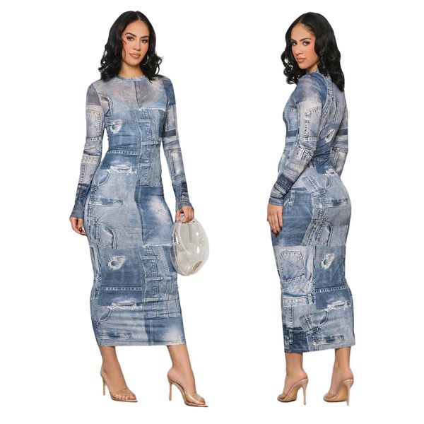 Denim-Druck, figurbetonte Kleider für Damen, lässig, Rundhalsausschnitt, schlankes, langes Bleistiftkleid, freies Schiff