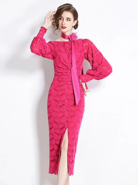 Повседневное платье 2024, модное сексуальное вечернее розово-красное кружевное платье, женское однобортное платье с v-образным вырезом и длинным рукавом-фонариком, с цветочным ремнем, разрез миди, Vestidos