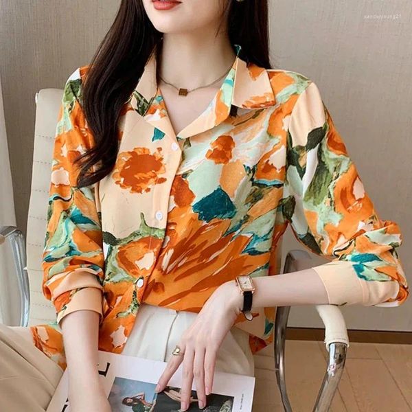 Женские блузки 2024, осеннее корейское издание, дизайн, сенсорный гонконгский стиль, ретро-картина маслом, блузка с длинным рукавом, рубашка 2151 #