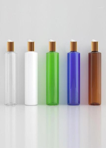 Flacone di shampoo in plastica vuoto bianco marrone chiaro da 24 pezzi da 250 ml con tappo superiore a disco dorato, bottiglia da viaggio per gel doccia con olio essenziale14339410