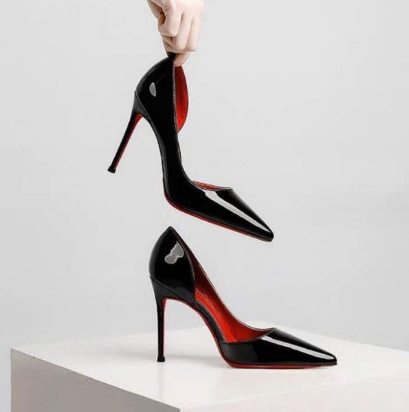 Designer-Damen-High-Heel-Schuhe, rote, glänzende Böden, 7 cm, 8 cm, 19 cm, 10 cm, dünne Absätze, schwarze nackte Lackleder-Damenpumps mit Staubbeutel, Größe 36–42