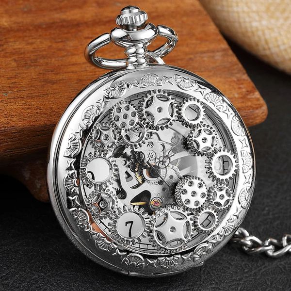 Relógios de bolso vintage prata mão vento relógio de bolso mecânico homens oco engrenagem dupla face steampunk esqueleto fob relógio colar com corrente 231208
