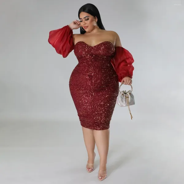 Plus size vestidos de festa de lantejoulas vestido feminino fora do ombro manga puff roupas luxo midi jantar noite baile elegante mulheres bonitas