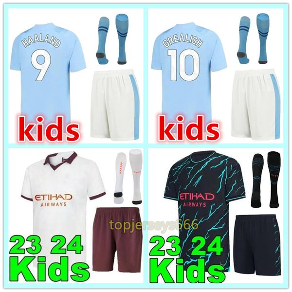 2023 2024 Man City Soccer Jerseys Kids Kits de Futebol Meias Haaland Grealish De Bruyne Foden 23 24 Criança Home Away Terceira Camisa de Futebol Camisa Maillot Foot