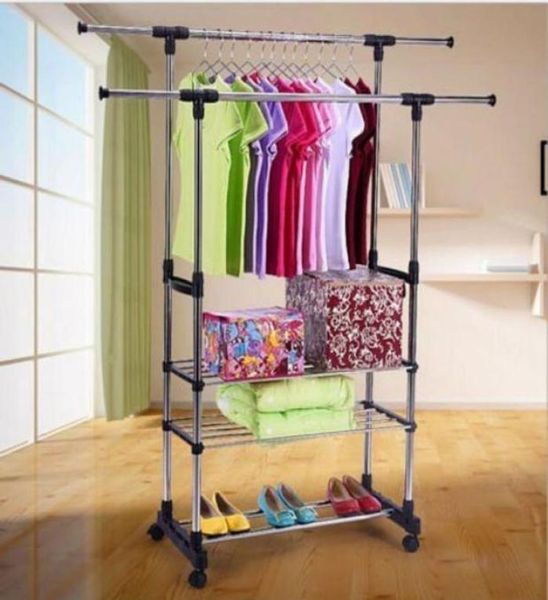 Barras duplas horizontal vertical estilo telescópio 3 camadas de aço inoxidável roupas sapato rack B T2004138991523