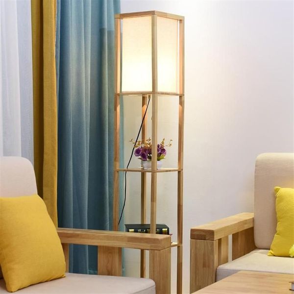 Lampada da terra moderna decorativa a LED in legno a soppalco Lampada da terra bianca nera con ripiano da tavolo per soggiorno domestico Bedr316e