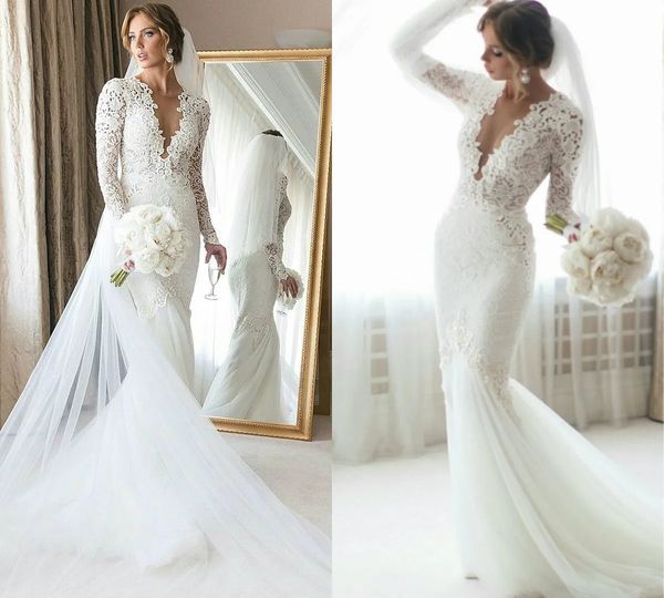 Meerjungfrau-Hochzeitskleider, tiefer V-Ausschnitt, Spitze, Applikation, lange Ärmel, Sweep-Zug, Strand-Hochzeitskleider, Perlen, Übergröße, Land-Brautkleid