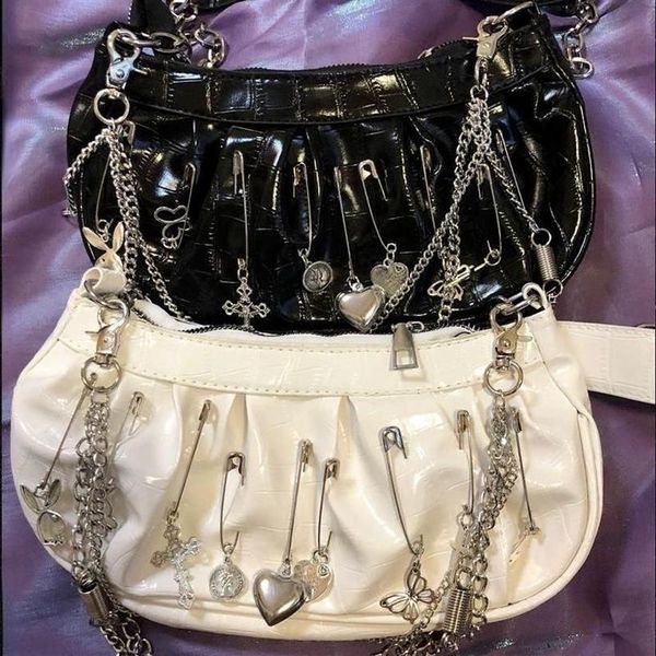 Abendtaschen Xiuya Harajuku Goth Bag Frauen 2021 Japanische Metallpunkstil Falten -Hobos Schulter mit Ketten Damen Handtasche Geldbörsen 265s