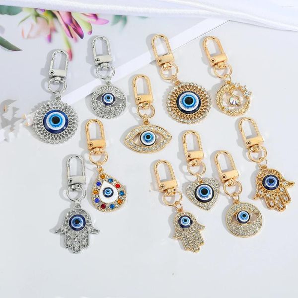 Portachiavi Turco Evil Blue Eye Hamsa Portachiavi con ciondolo a mano per gli amanti degli amici Portachiavi colorato con strass Waterdrop Borsa rotonda Portafortuna per auto