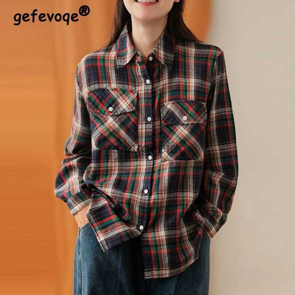 Camicette da donna Camicie Nuovo Autunno Inverno Vintage Plaid Stampa Camicia con bottoni per le donne Coreano Casual Allentato Manica lunga Camicetta di cotone Top Blusas Vestiti YQ231209