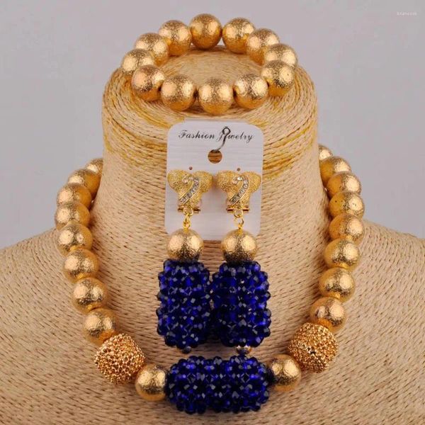 Комплект ожерелья и серег, модный аксессуар для невесты в африканском стиле, королевские синие хрустальные бусины, нигерийские свадебные женские украшения XK-08