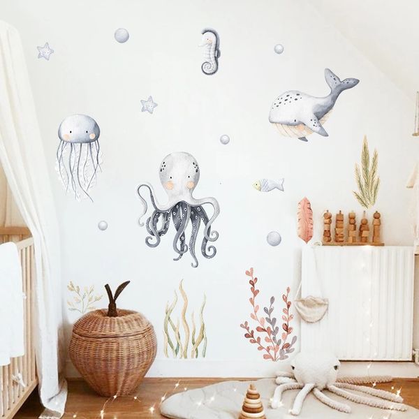 Adesivos de parede dos desenhos animados golfinho oceano animal plantas aquáticas aquarela crianças adesivo de parede vinil berçário arte decalques para babys meninos quarto decoração de casa 231208