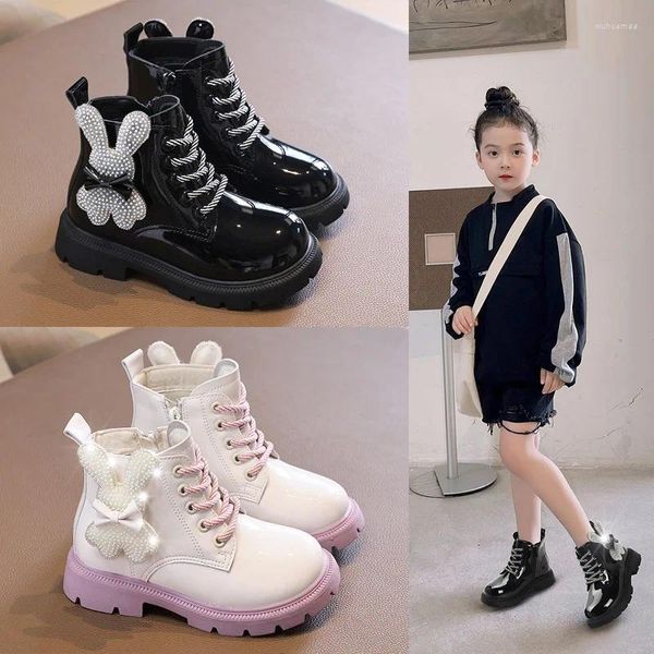 Botas meninas princesa couro inverno pérola urso crianças curtas macias sola confortável tornozelo