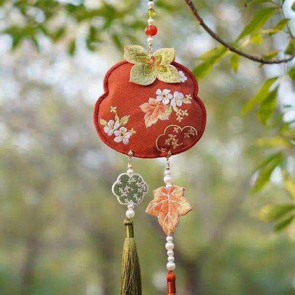 Bauchketten Chinesische Hanfu Taille Anhänger Stickerei Persimmon Ahornblatt Quaste Lange Hängende Ornamente Zubehör Für Frauen 231208