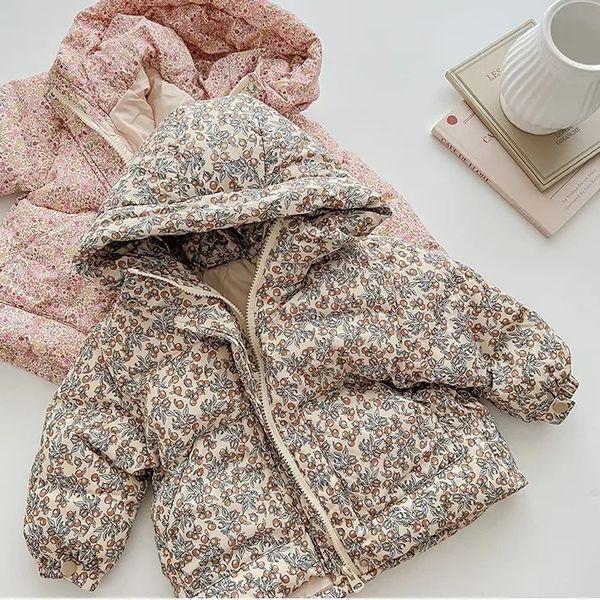 Para baixo casaco inverno bebê quente manga longa jaqueta de pato bonito menino menina impressão floral com capuz roupa engrossar roupas superiores 231208