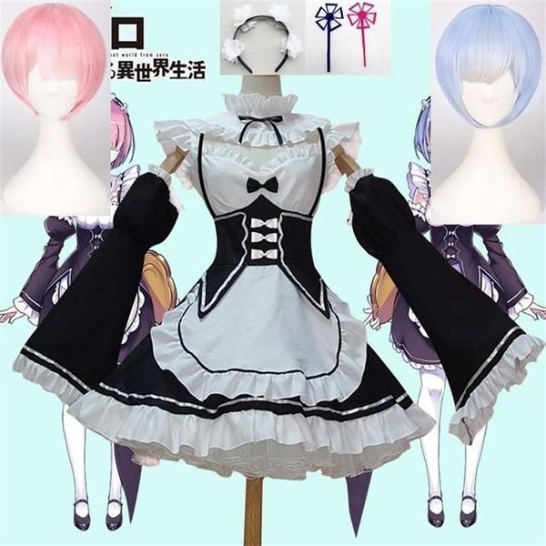Anime Rezero Kara Hajimeru Isekai Seikatsu Vita in un mondo diverso Ram Rem Costume cosplay Parrucche Costume da cameriera Costume di Halloween336o