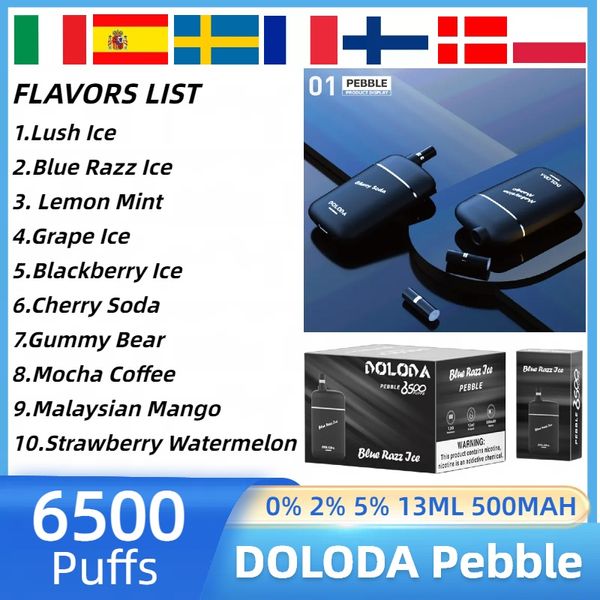 DOLODA Pebble puff 6500 Vape usa e getta 0% 2% 3% 5% vape desechable 1.2 Mesh Coil Penna Vape 10 Sapori barrette elfi 500mah Sigaretta elettronica 13ml Cartuccia pod vs BANG BOX 12K