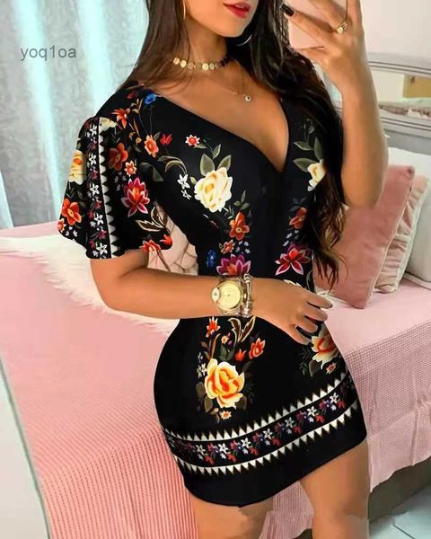 Abiti casual di base Abito elegante da donna Stampa a pois Sciarpa Stampa catena Volant Manica Stampa floreale Scollo a V Bodycon Party Clubwear DressL2310129