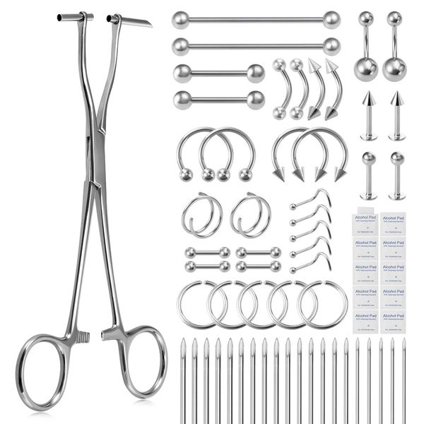 Diğer Moda Aksesuarları 65pcs Vücut Piercing Takı Aracı Kiti Çelik Forseps Kelepçe İğne Noktaları Burun Septum Dil Kıkırdak Halkası Stud Barbell 231208