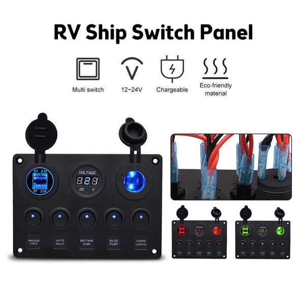 Novo painel de interruptor rocker led com voltímetro digital, porta usb dupla, combinação de saída 12v, interruptores à prova d'água para carro, barco marinho