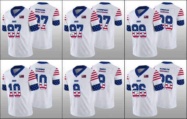 New York''Giants''Men 8 Daniel Jones 26 Saquon Barkley 10 Eli Manning Mulheres Juventude Branca Camisa do Dia da Independência