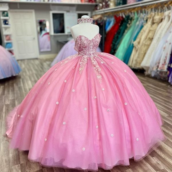 Sparkly rosa quinceanera vestido de baile strass apliques cristal frisado babados doce 16 vestido de 15 anos