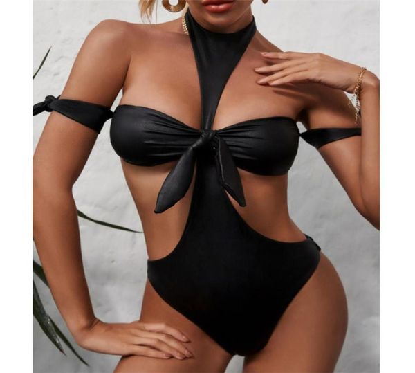 Сексуальный женский купальник бикини с черным бантом 2020, женский купальник из искусственной кожи, цельный бандажный купальный костюм, летний бразильский купальник Biquini1853041