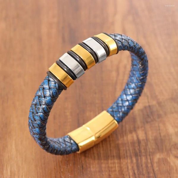 Bracciale rigido vintage in pelle blu intrecciata con fibbia magnetica, affascinante regalo di Natale da uomo, gioiello protettore di San Valentino