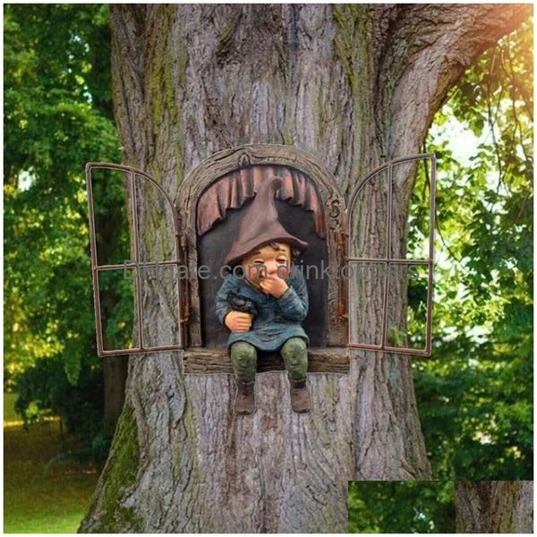 Bahçe Dekorasyonları Yaramaz Gnome Heykeli Elf Kapı Ağacından Out Onun ev bahçesi dekor Werv 230506 Damla Teslimat Veranda Çim Dhjlx