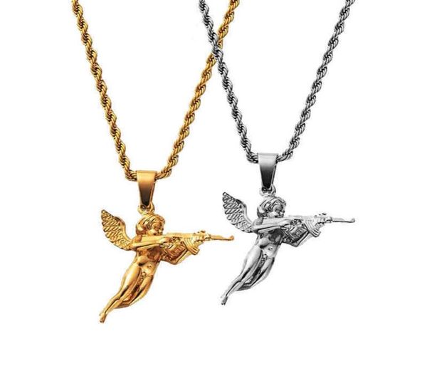 Hiphops hommes bijoux cupidon ange pendentif 18k or corde chaîne 316L en acier inoxydable 3D ange avec pistolet collier 339O8300952