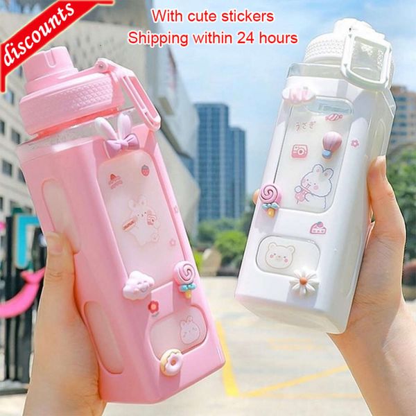 Atualizar garrafa de água shaker kawaii com adesivo de palha bonito sem bpa 700ml/900ml plástico chá leite portátil garrafa de bebida gourde para menina