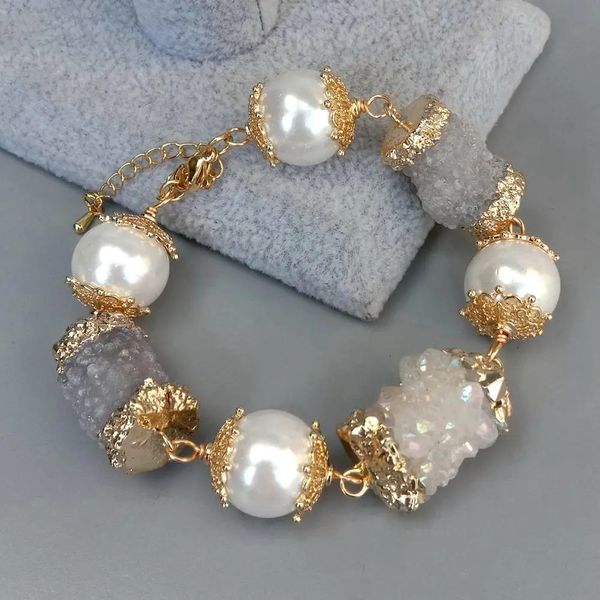 Catena YYGEM Conchiglia di mare bianco Quarzo bianco naturale Bracciale avvolgente con perle di pietra Druzy 8 