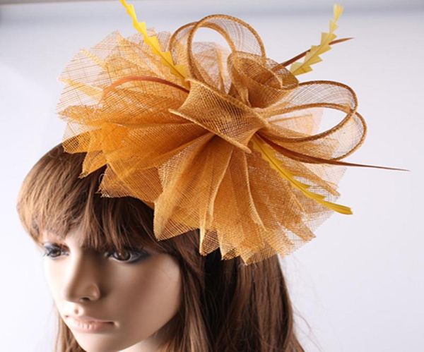 Berets Damen Elegante Federhüte Frauen Haarschmuck Ausgefallene Fascinators für Hochzeitsfeier Gold Braut und Rennen OF1522Berets B4203276