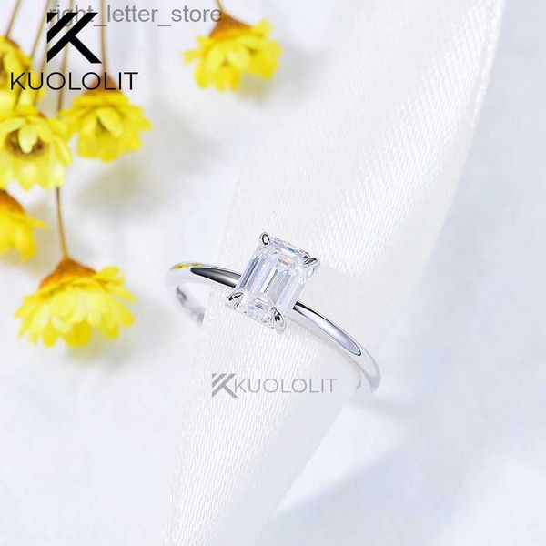 С боковыми камнями Kuololit Moissanite Кольцо для женщин Сплошное 14 -километровое белое золото 1CT Emerald Cut D/VVS1 Кольцо для обручального рождественских подарков YQ231209