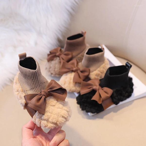 Stiefel Kleine Mädchen Winter Baby Kleinkinder Socken Schuhe Warme Dicke Plüsch Flauschigen Mit Bogen-knoten Prinzessin Süße Weiche Anti-skid für Kinder