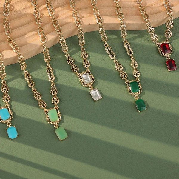 Colares de pingente de luxo brilhante vermelho verde cristal quadrado pescoço chian declaração jóias estilo marroquino colar brinco conjunto