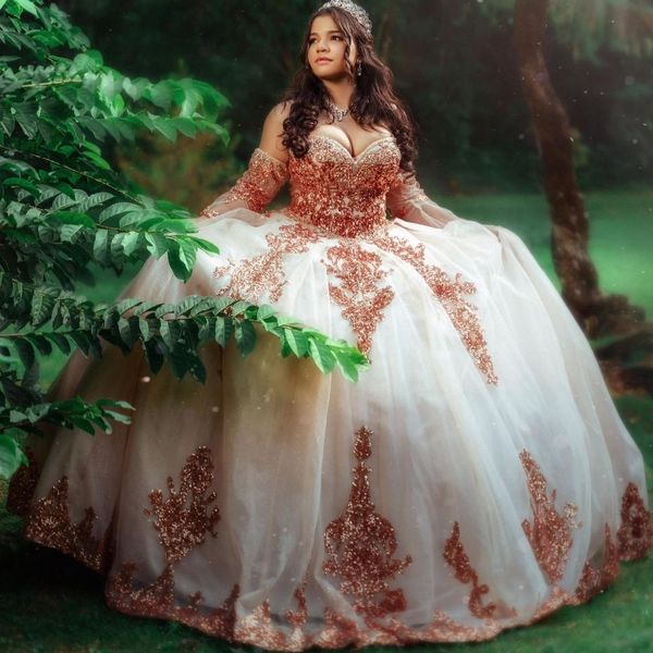 Розовое золото, расшитое бисером платье Quinceanera с длинными рукавами и аппликацией, кружевное платье принцессы Sweet 16, бальные платья Vestidos 15 De