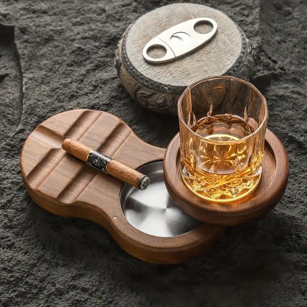 1 Stück, hölzerner Zigarrenaschenbecher, Untersetzer, Whiskey-Glastablett und Zigarrenhalter, drehbares Zigarrenzubehör mit Schlitzen zum Halten von Zigarren, tolles Zigarren-Geschenkset für Männer