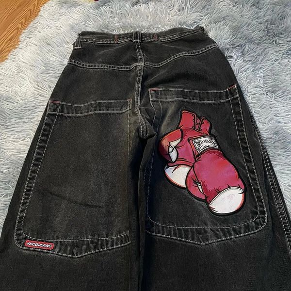 Женские джинсы JNCO Jeans Y2K Уличная одежда Хип-хоп Боксерские перчатки Мешковатые джинсы с рисунком Черные брюки Мужчины Женщины Harajuku Goth Широкие брюки с высокой талией 231208