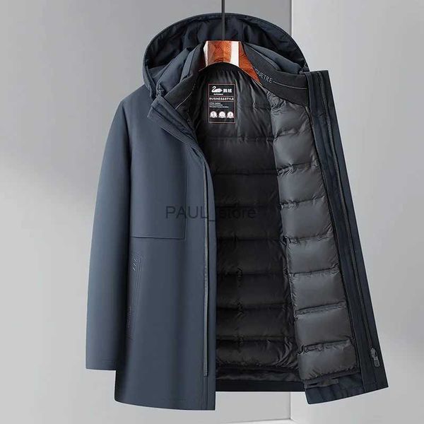 Erkekler Down Parkas Business Casual Winter erkekler beyaz aşağı ceket dış giyim sıcak gevşek katı puffer katlar çıkarılabilir şapka+iç üst kalın parkasl231209