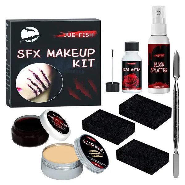 Körperbemalung, Halloween-Make-up-Set, professionelles Gesicht, gruselige Wunde, Narbenwachs, gefälschter Schorf, Blutspatel, gruselige Malerei 231208