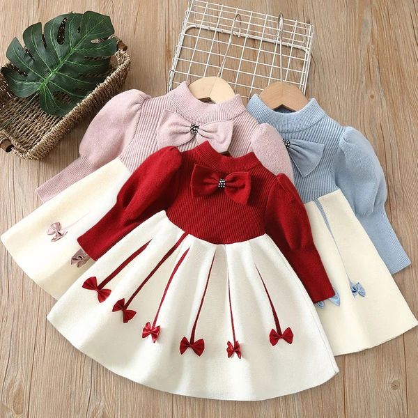 Meninas vestidos vestido para lã quente de malha outono inverno doce arco rosa princesa camisola casual bebê menina roupas 231208