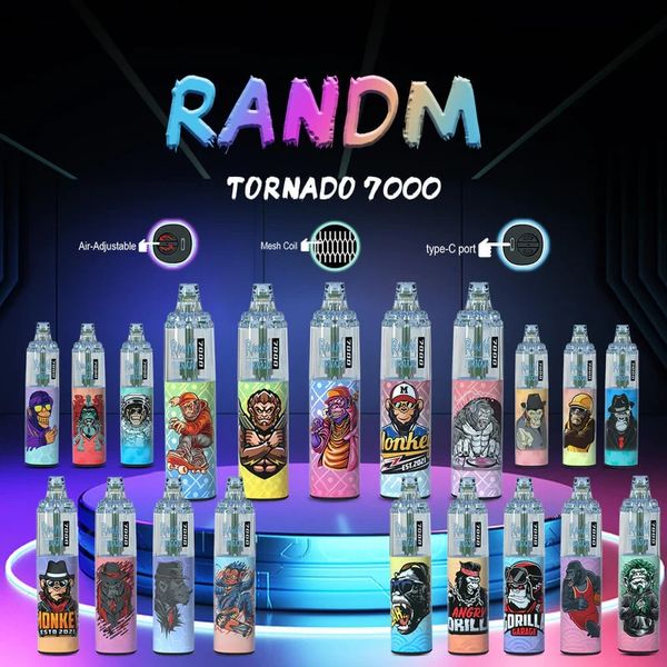 Otantik randm kasırga 7000 puf tek kullanımlık vape 0% 2% 3% 5% 5% 14ml Tip C Şarj Edilebilir Pil 56 E-Cigarette Tomfor 7000Puffs