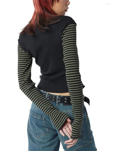 Женские футболки, женская футболка с длинным рукавом S Y2K, ретро звездный узор в полоску, лоскутный укороченный топ с круглым вырезом, облегающая эстетичная блузка