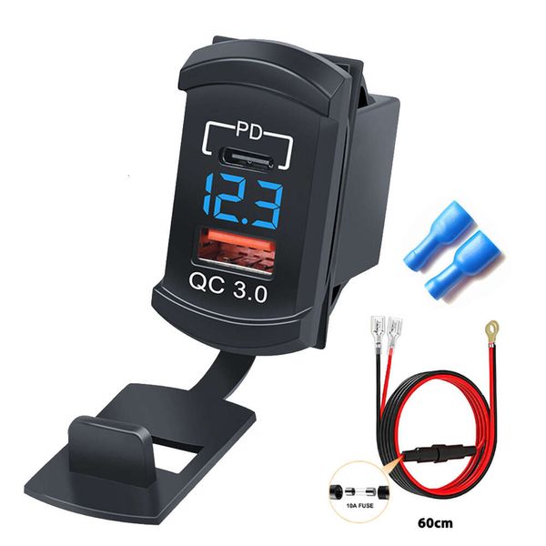 Novo 12v-24v tomada carregador de carro dupla usb c qc3.0 pd soquete carregador com voltímetro display carregador de tomada de energia para motocicleta carro