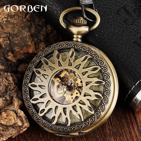 Relógios de bolso Vintage Silver Steampunk Sun Flower Hollow Design Mecânico Relógio de Bolso Masculino Relógio Esqueleto Mão Vento Homens Relógio com Corrente FOB 231208