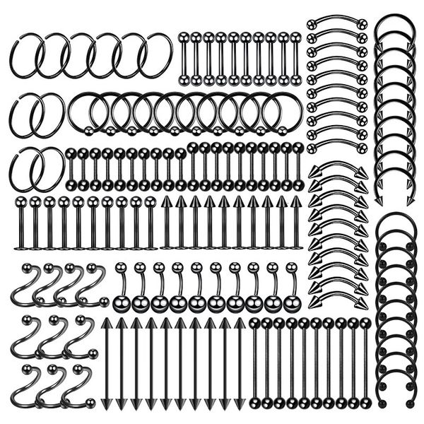 Weitere Modeaccessoires, 150-teiliges Piercing-Schmuckset aus Stahl, Nasenring, Zungenpiercing, Augenbrauen-Labret-Set, Hufeisen-Packung 231208