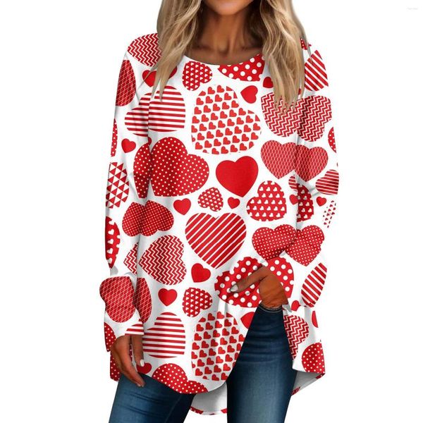 Felpe con cappuccio da donna Casual Taglie forti Maniche lunghe Girocollo T-shirt stampata per San Valentino Top Pullover Maglione di Natale Abbigliamento da donna