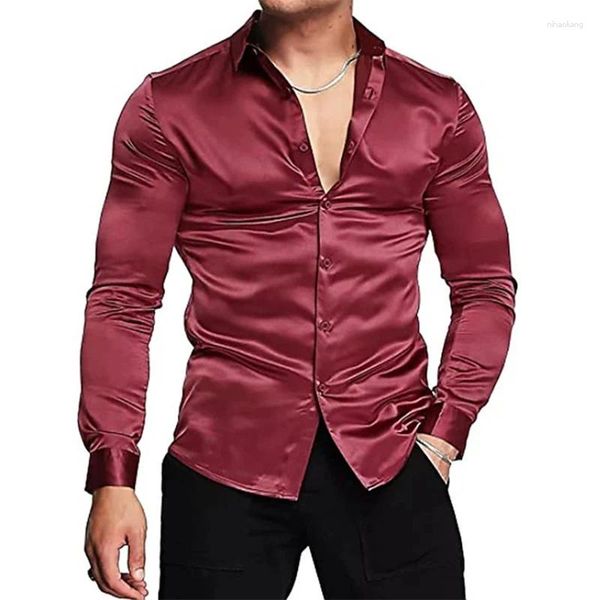 Camicie casual da uomo Primavera 2024 Solido manica lunga in raso Abbigliamento uomo Bottone maschile Risvolto T-shirt Top Trend Colletto rovesciato Polo Streetwear